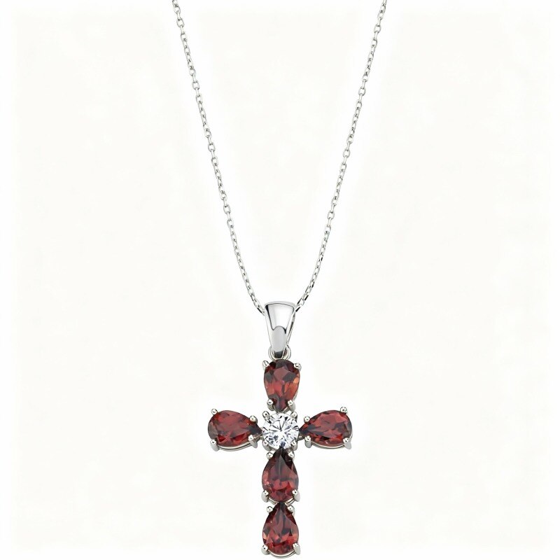 Platinum with White Gold Plated Moissanite & Ruby Cross Pendant Necklace-1