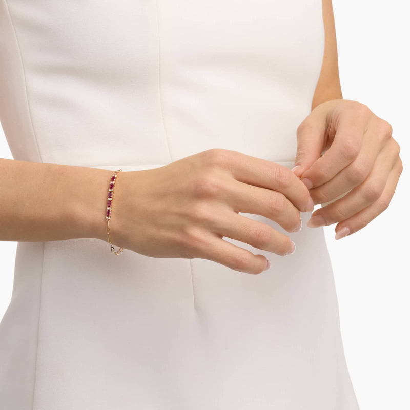 Bracelet trombone en or blanc 10 carats, moissanite et rubis-2