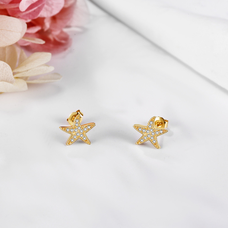 Pendientes de botón de estrella de mar con moissanita y oro de 14 quilates-3