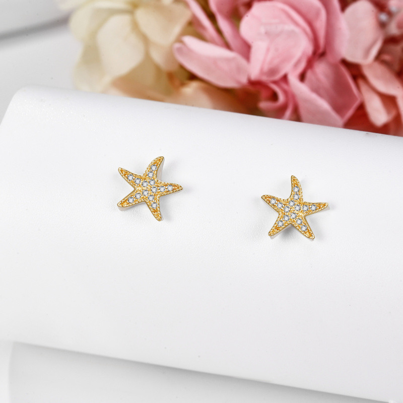 Pendientes de botón de estrella de mar con moissanita y oro de 14 quilates-4