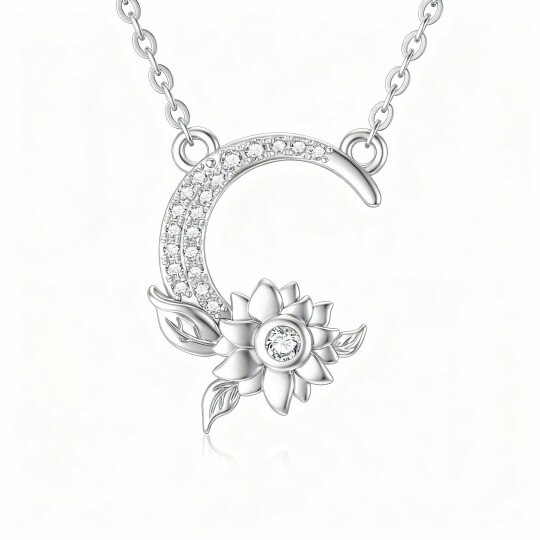 10K White Gold Moissanite Sunflower & Moon Pendant Necklace