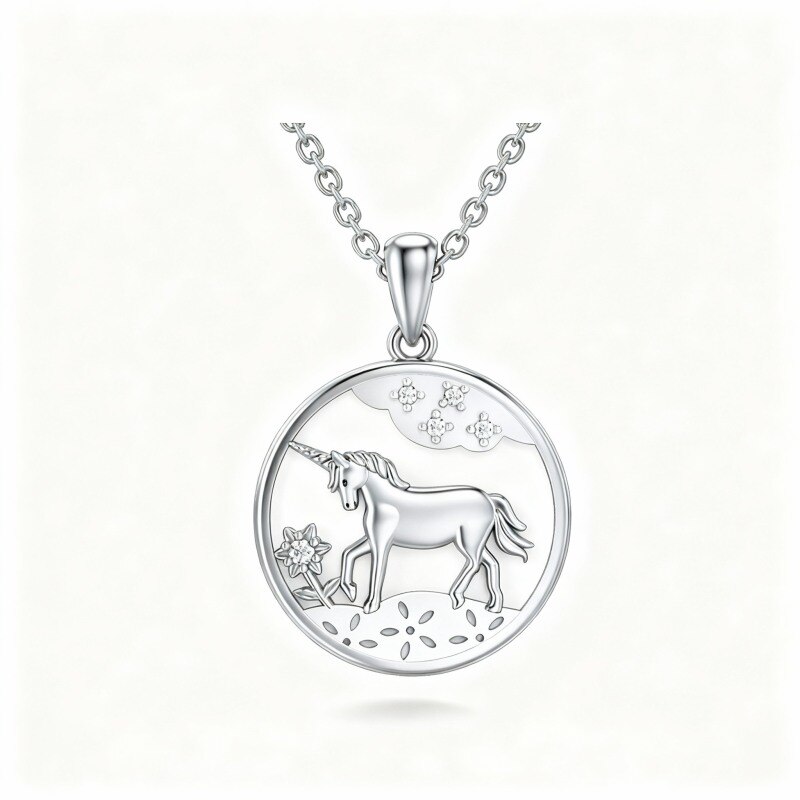 10K White Gold Moissanite Sunflower & Unicorn Pendant Necklace-10