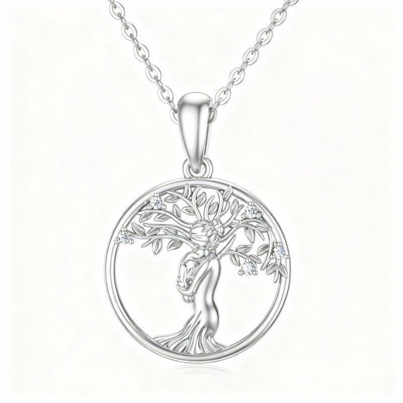Collier pendentif Arbre de Vie et Mère-Fille en or blanc 10 carats et moissanite-19