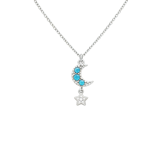 Halsketting met hanger in de vorm van een hart en ster van 10 karaat witgoud met moissanite en turkoois.