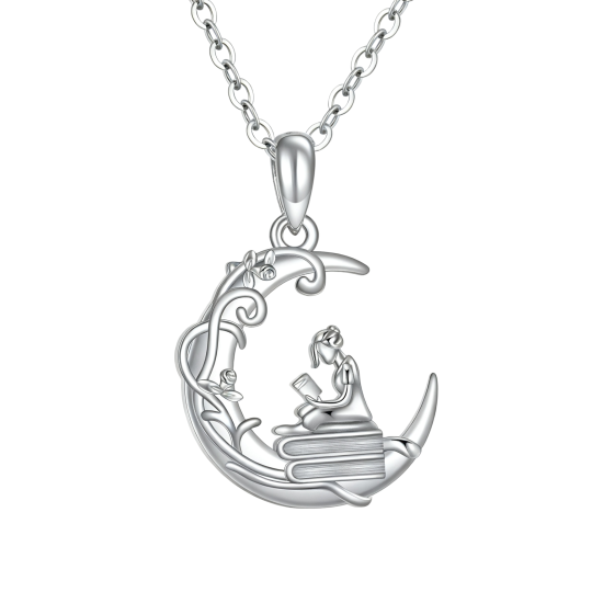 Collar con colgante de luna y niña leyendo en oro blanco de 10 quilates