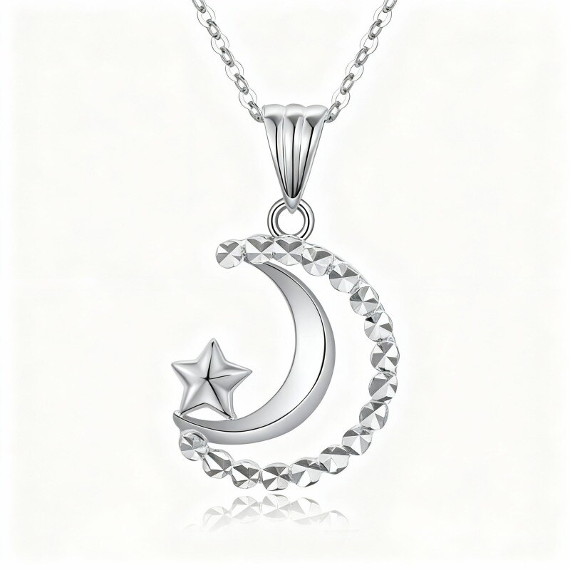 Collar con colgante de luna y estrella en oro blanco de 18 quilates-1