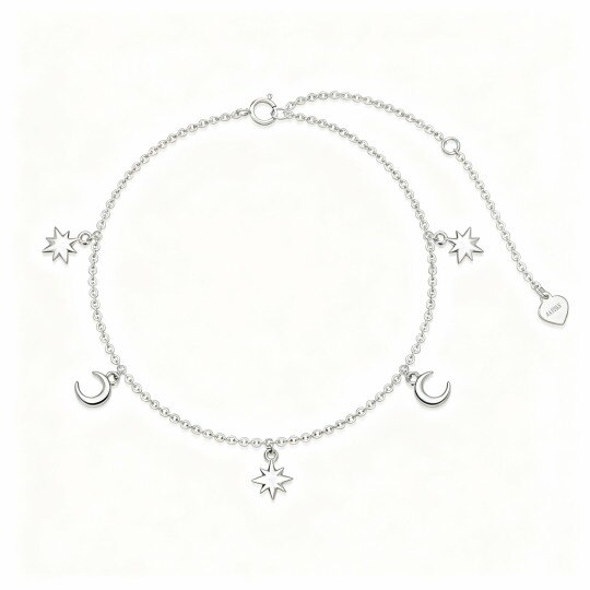 Tobillera de oro blanco de 10 quilates con dije de luna y estrella de una sola capa