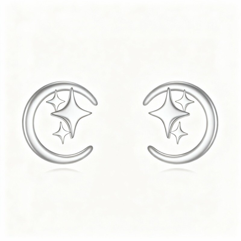 Ohrstecker aus 14-karätigem Weißgold mit Mond- und Sternmotiv-1