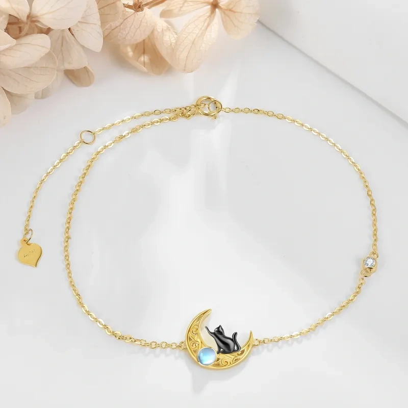Pulsera con dije de gato y luna de piedra lunar de oro de 10 quilates-3