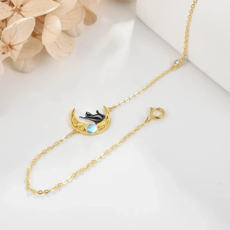 Pulsera con dije de gato y luna de piedra lunar de oro de 10 quilates-4