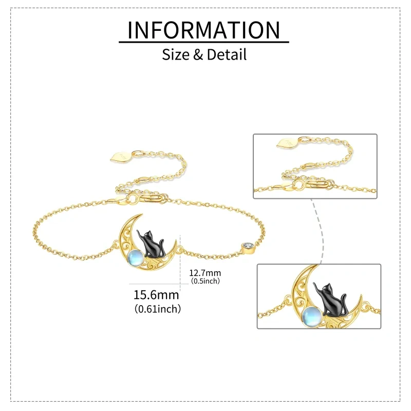 Pulsera con dije de gato y luna de piedra lunar de oro de 10 quilates-5