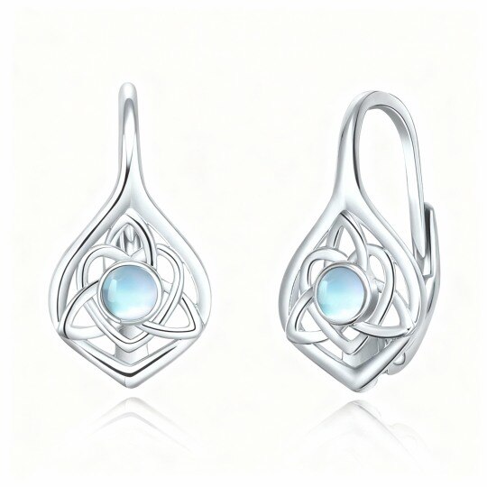 Boucles d'oreilles créoles en or blanc 10 carats avec pierre de lune et nœud celtique