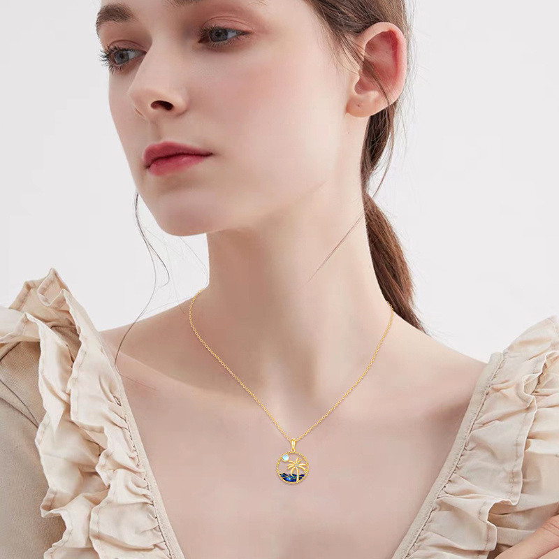 Collar con colgante de árbol de coco, luna y rocío de oro blanco de 10 quilates con piedra lunar-2