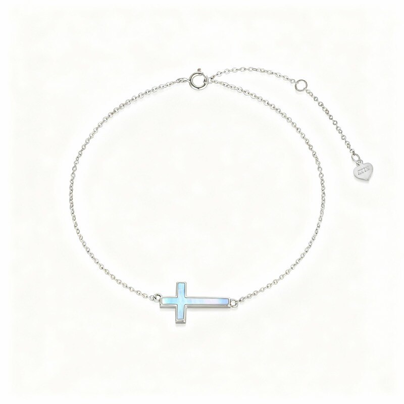 Pulsera con dije de cruz de piedra lunar en oro blanco de 9 quilates-1