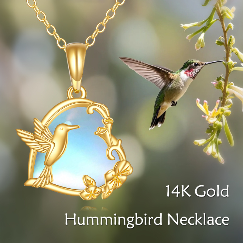 Collar con colgante de colibrí y corazón de piedra lunar en oro de 14 quilates-5