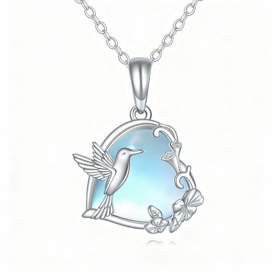 Collar con colgante de colibrí y corazón de piedra lunar en oro blanco de 10 quilates