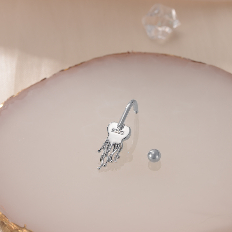 Pierścionek do pępka z białego złota 14K z kamieniem księżycowym i meduzą-4