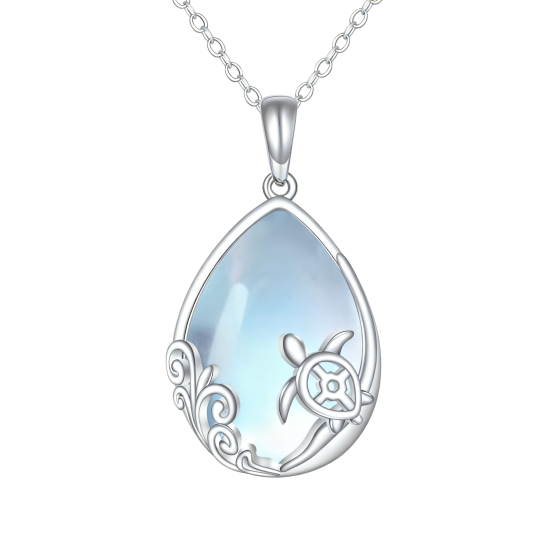 10K White Gold Moonstone Sea Turtle Pendant Necklace