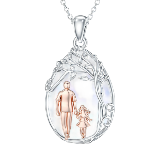 Collar con colgante de oro blanco de 10 quilates con piedra lunar, árbol de la vida y diseño de padre e hija.