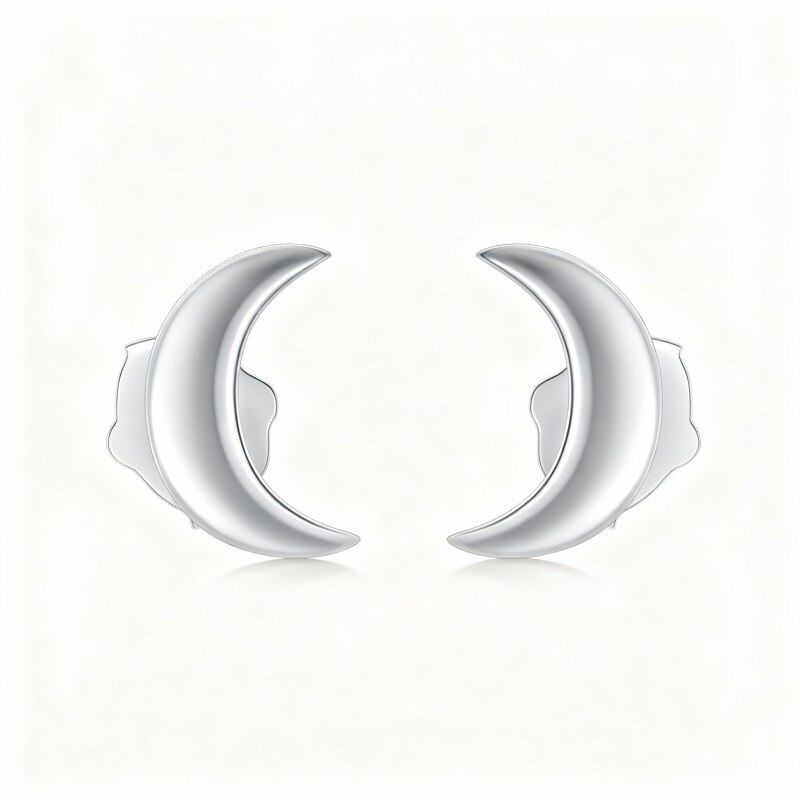 Platinum with White Gold Plated Moon Stud Earrings-1