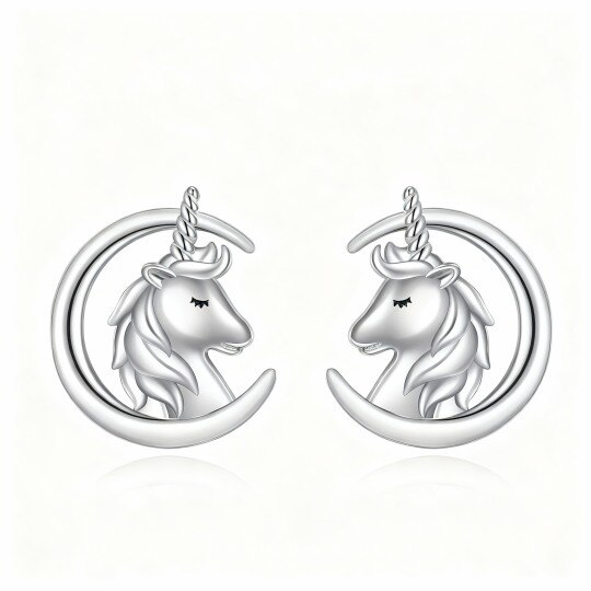 10K White Gold Moon & Unicorn Stud Earrings