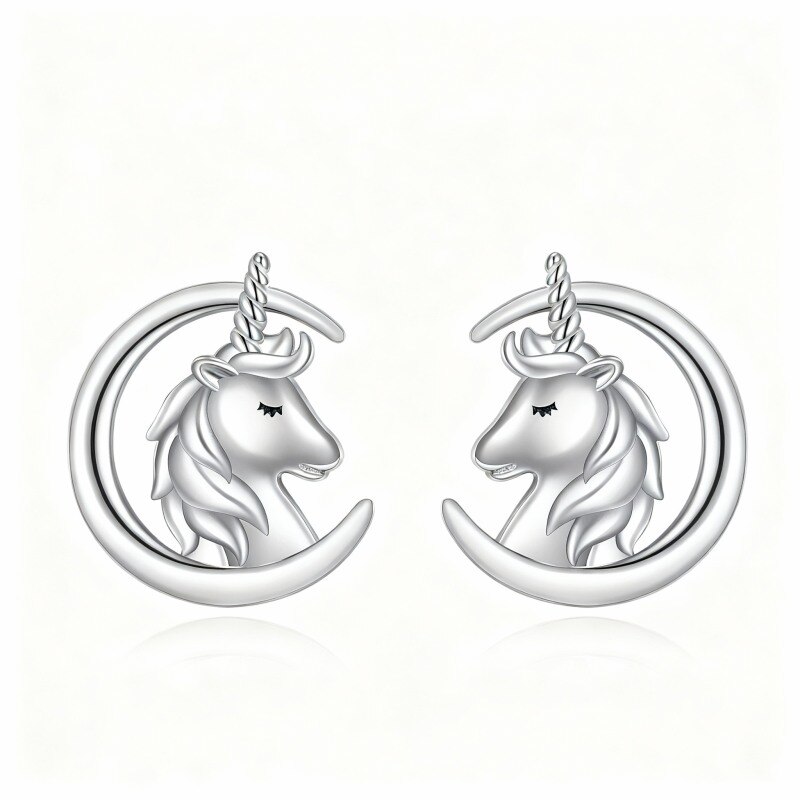 10K White Gold Moon & Unicorn Stud Earrings-17