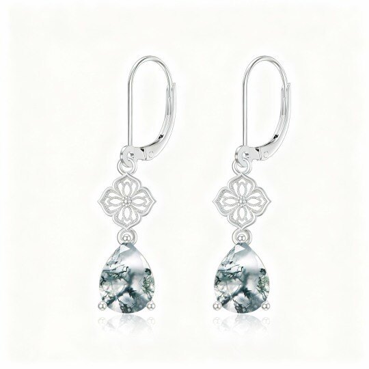 Boucles d'oreilles pendantes en or blanc 10 carats et agate mousse, fermoir à levier