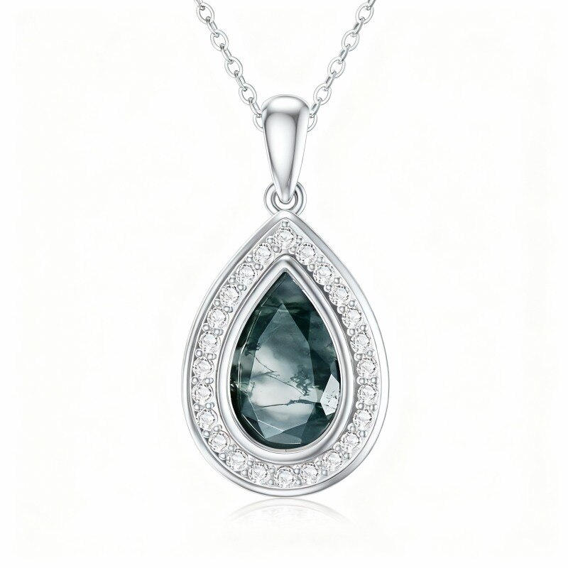 Collier pendentif en forme de goutte en or blanc 10 carats et agate mousse-17
