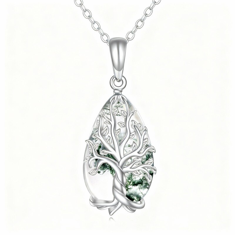 18K White Gold Moss Agate Tree Of Life Pendant Necklace-1