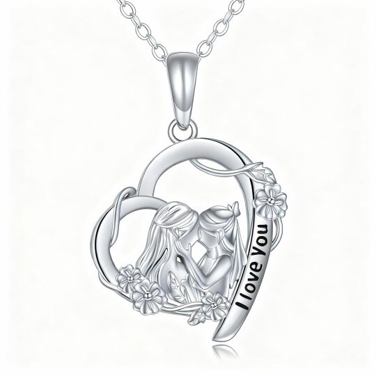 10K White Gold Mother & Daughter & Heart Pendant Necklace with Engraved Word