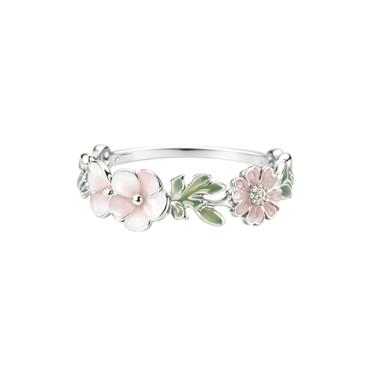 Anillo de oro blanco de 10 quilates sin piedras con diseño de hojas y flor de durazno