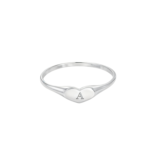 10K White Gold No Stone Personalized Engraving & Heart Stackable Ring with Initial Letter A