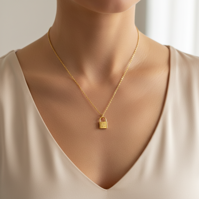Collar con inicial personalizada de oro blanco de 10 quilates sin piedras y candado.-3