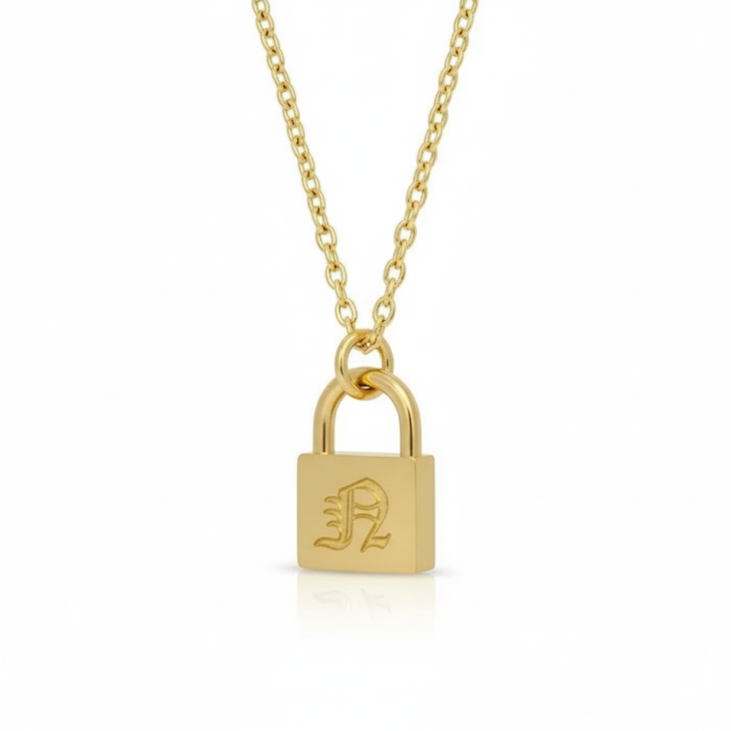 Collar con inicial personalizada de oro blanco de 10 quilates sin piedras y candado.-4