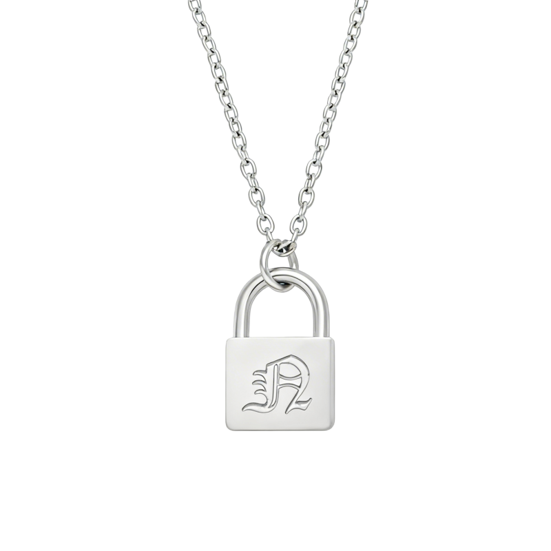 Collar con inicial personalizada de oro blanco de 10 quilates sin piedras y candado.-1