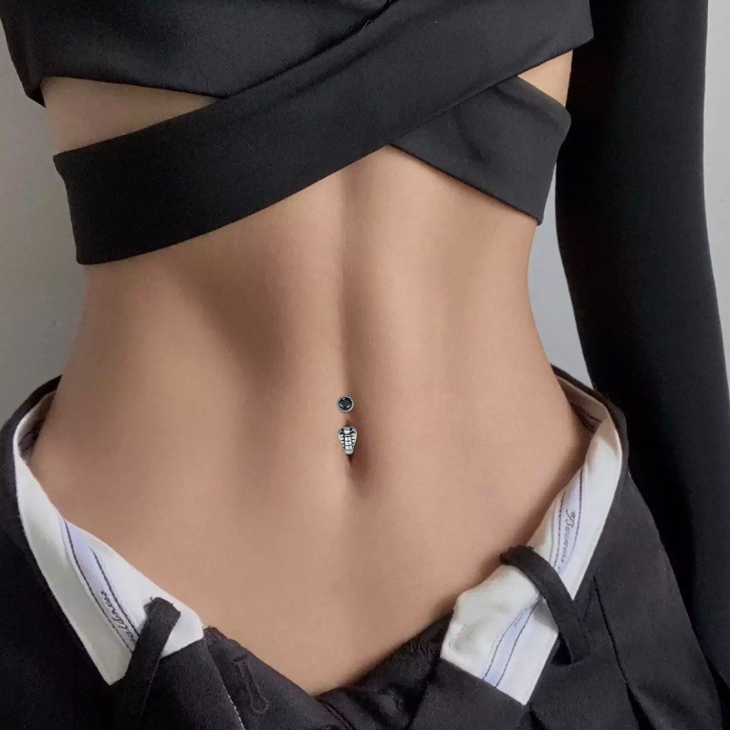 Piercing de ombligo de serpiente de obsidiana en oro blanco de 18 quilates-2