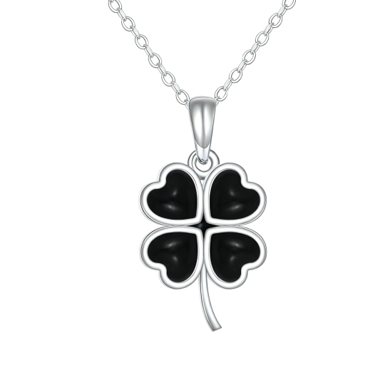 10K White Gold Onyx Four Leaf Clover Pendant Necklace