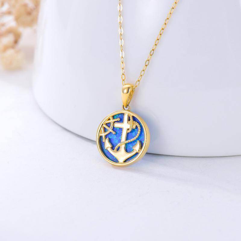 10K White Gold Opal Anchor Pendant Necklace-3
