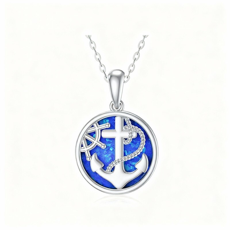 10K White Gold Opal Anchor Pendant Necklace-1