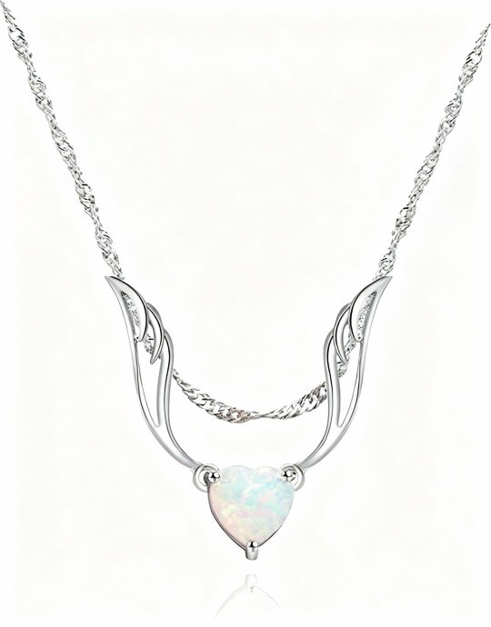 Collier pendentif ange et ailes d'ange en or blanc 10 carats et opale