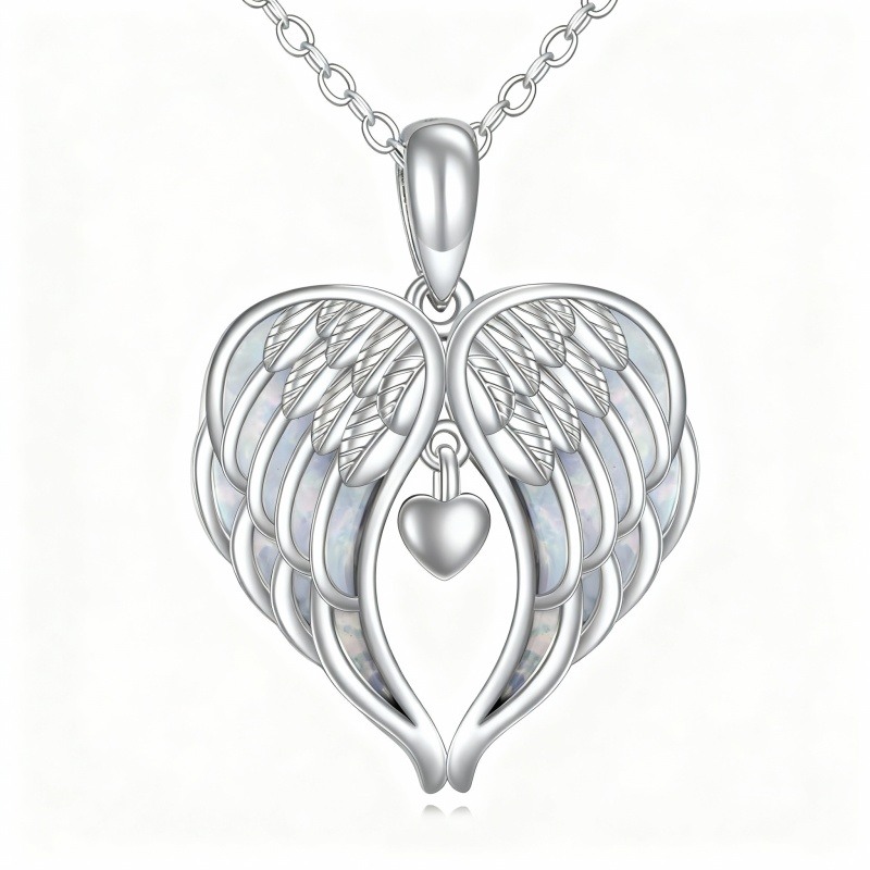 10K White Gold Opal Angel Wing Pendant Necklace-15