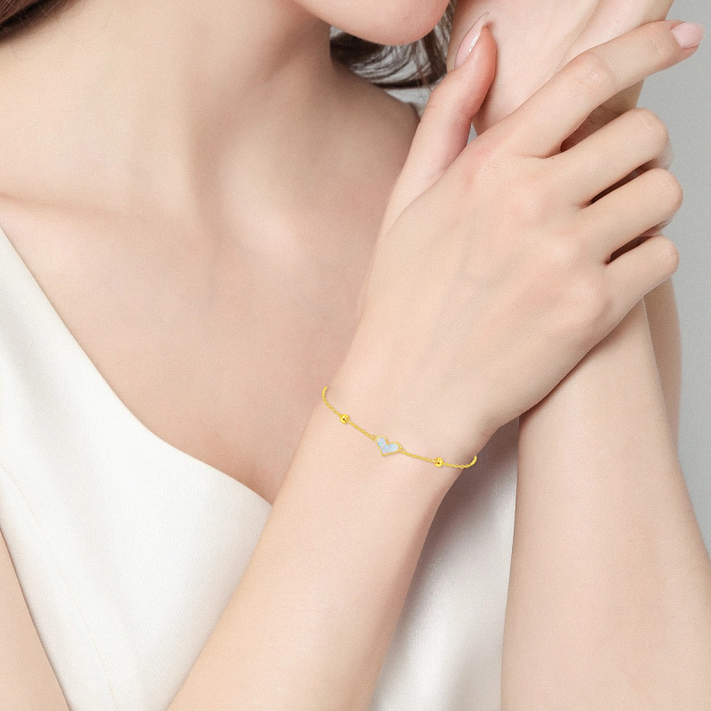 Pulsera de oro de 14 quilates con cuentas de ópalo y dije de corazón-2