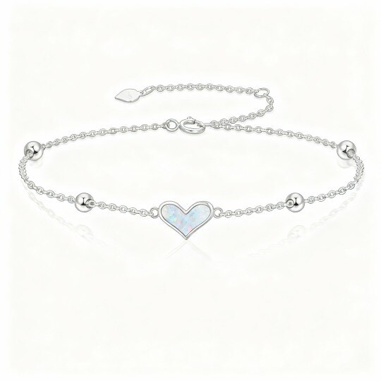 10K White Gold Opal Bead & Heart Charm Bracelet