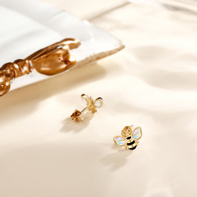 10K Gold Opal Bee Stud Earrings-3