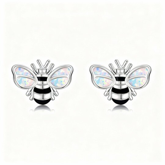 14K White Gold Opal Bee Stud Earrings