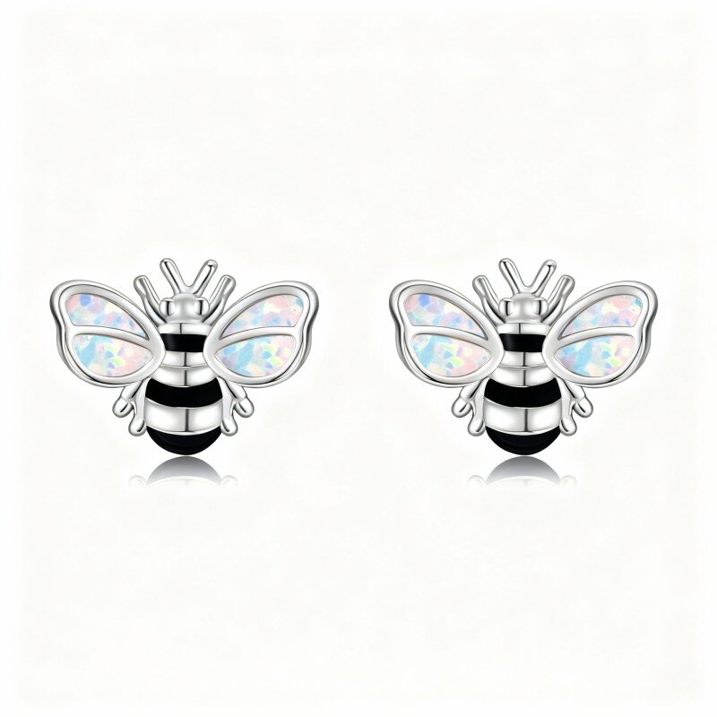 Pendientes de botón de abeja con ópalo en oro blanco de 14 quilates-1