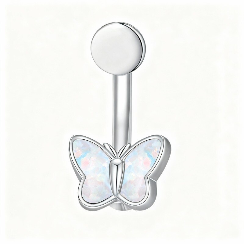 10K White Gold Opal Butterfly Belly Button Ring-6