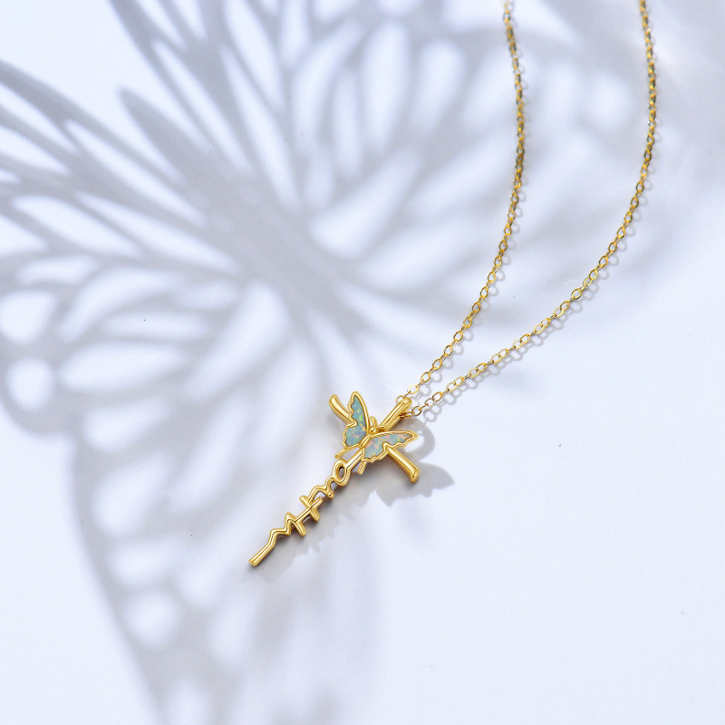 10K Gold Opal Butterfly & Cross Pendant Necklace-3