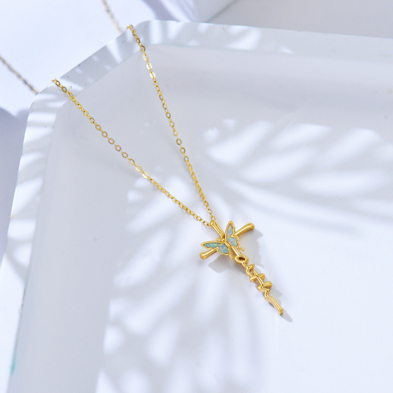 10K Gold Opal Butterfly & Cross Pendant Necklace-4