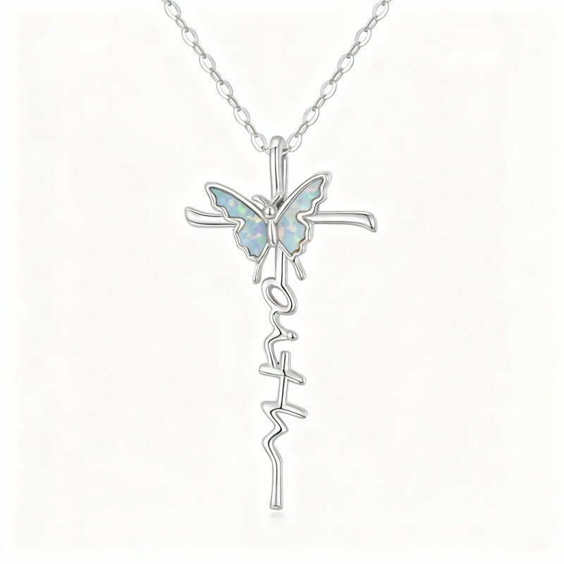 Collar con colgante de mariposa y cruz de ópalo en oro blanco de 10 quilates-17